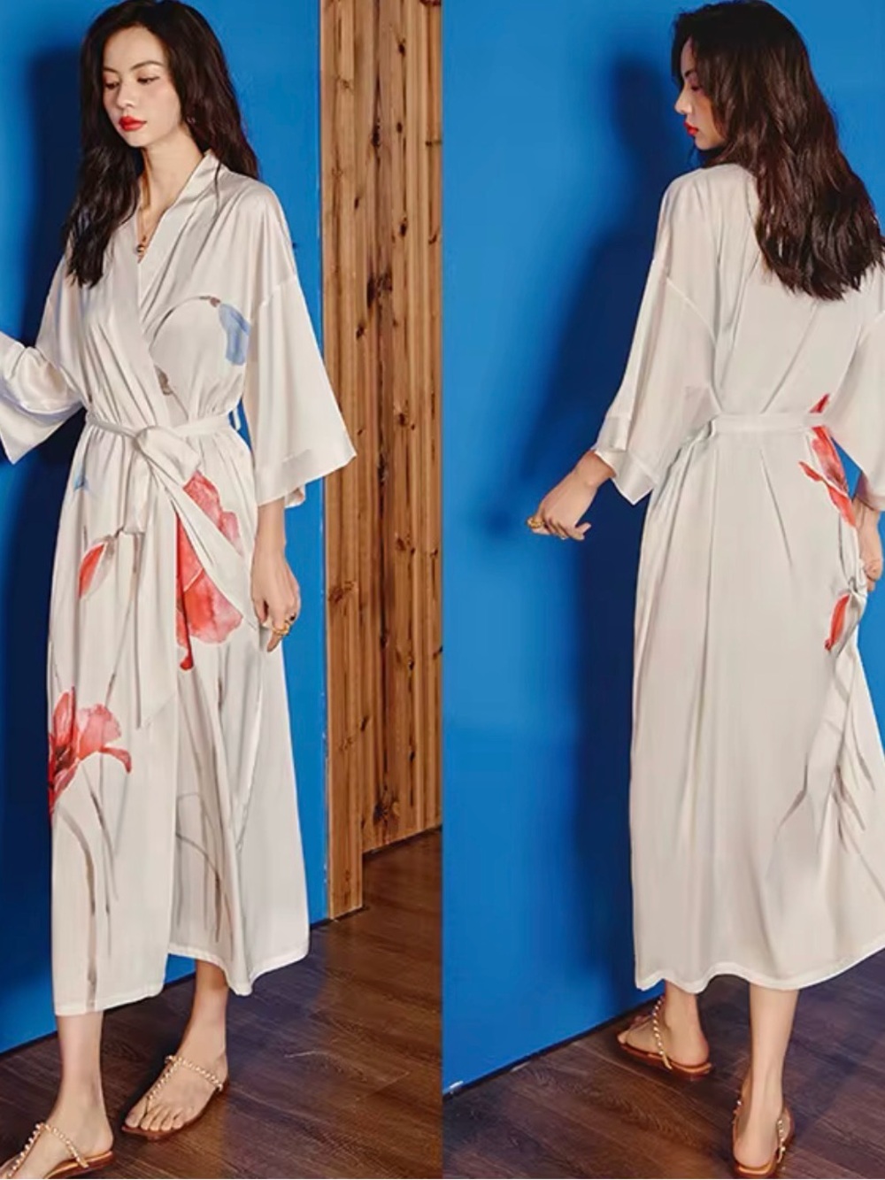 Elegant White Floral  Robe with Red Accent